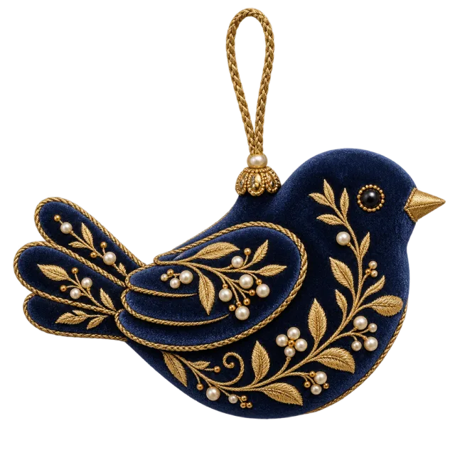 Navy bird ornament with gold embroidered-style leaves and a hanging cord