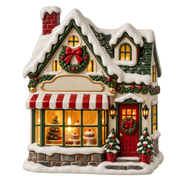 Snow-covered miniature Christmas shop with glowing windows and a red striped awning