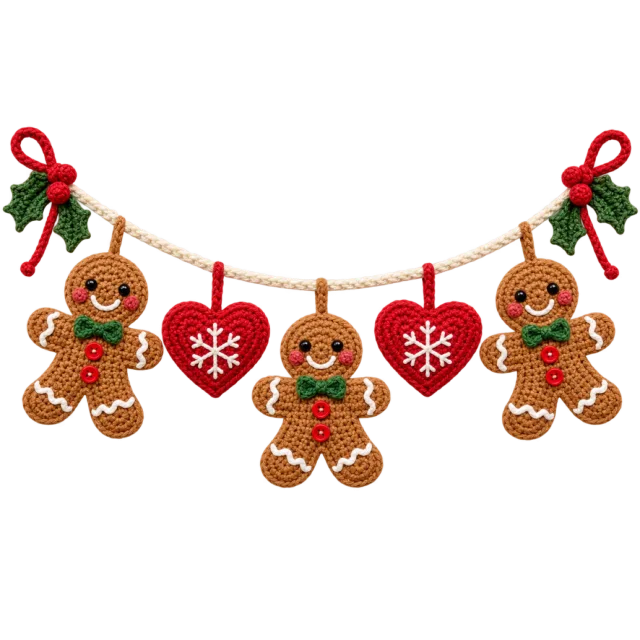 Three gingerbread figures and two red hearts hanging along a red cord