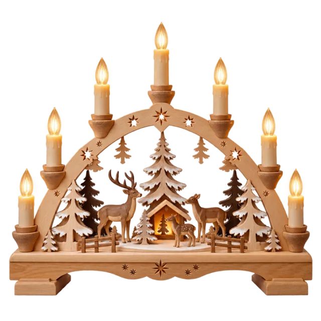 Wooden-style candle arch with lit candles above a miniature forest and deer scene