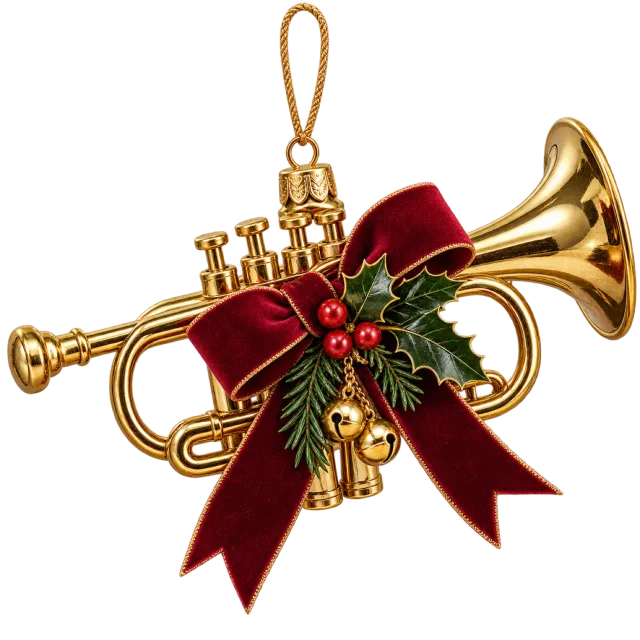 Gold-colored trumpet ornament tied with a burgundy bow and evergreen sprigs