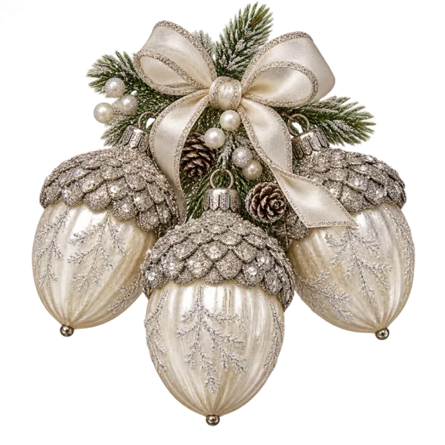 Three silver acorn ornaments grouped beneath a pale ribbon bow and greenery