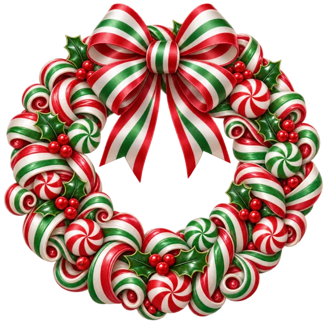Red, green and white striped candy wreath topped with a large matching bow