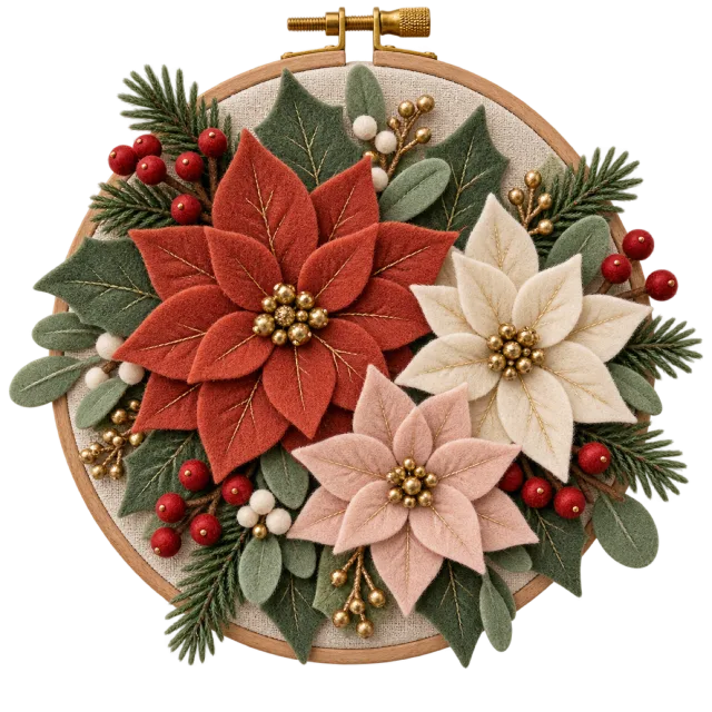Red and cream poinsettias with berries and evergreen foliage arranged on a round hoop