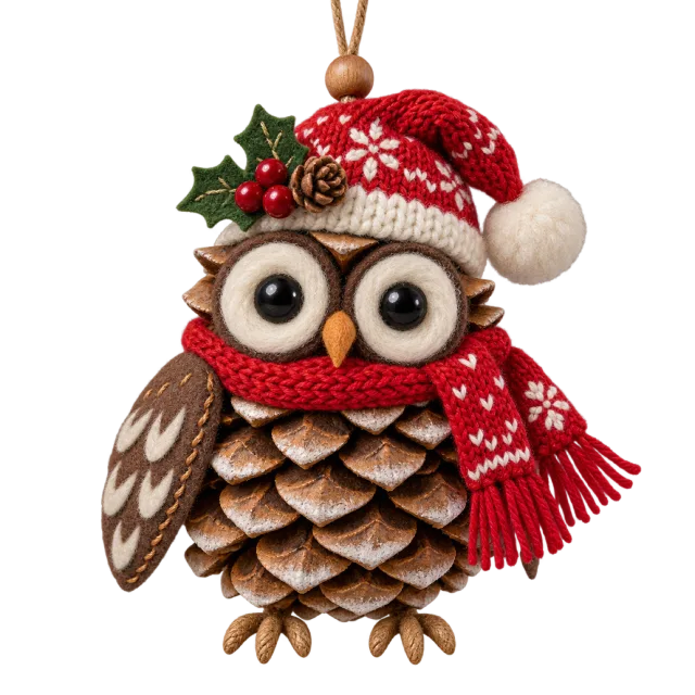 Pinecone-bodied owl ornament wearing a red Santa hat and knitted-style scarf