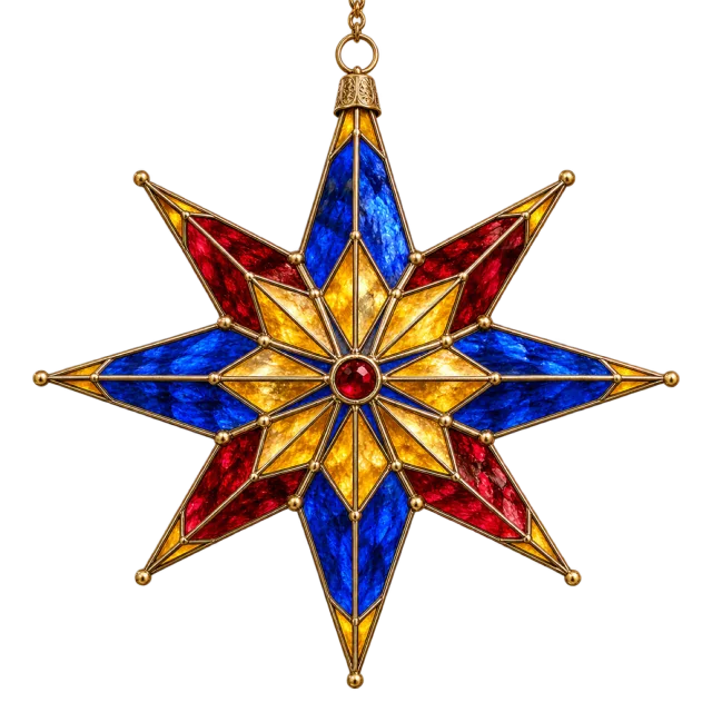 Blue, red and gold star ornament with stained-glass-style panels and a hanging chain