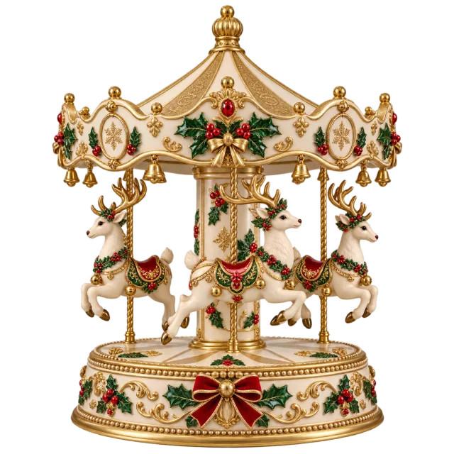Cream and gold miniature carousel with decorated reindeer beneath a festive canopy