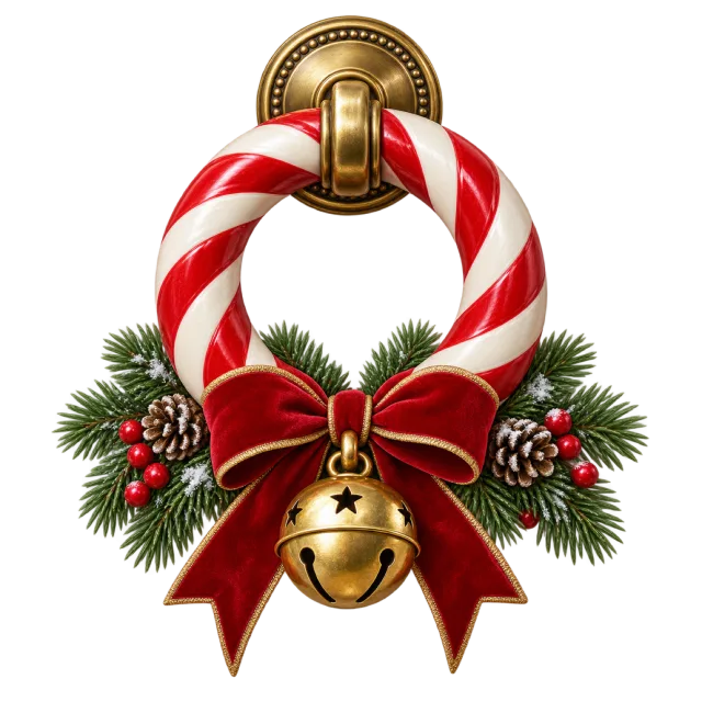Red and white striped door ring decorated with a bow, bell, berries and pine sprigs