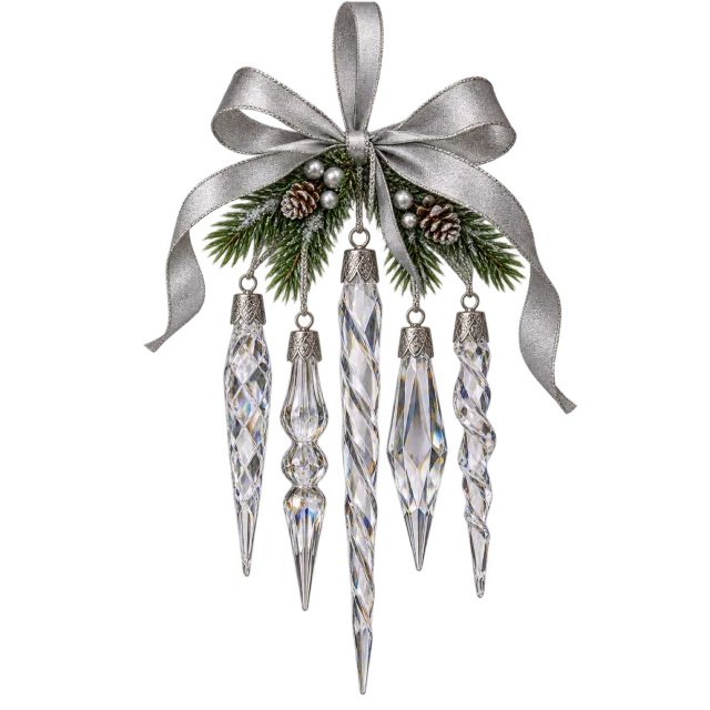 Clear icicle-shaped hanging ornaments beneath a silver bow and evergreen sprigs