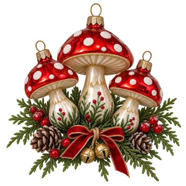 Three red spotted mushroom ornaments above greenery, berries and a red bow