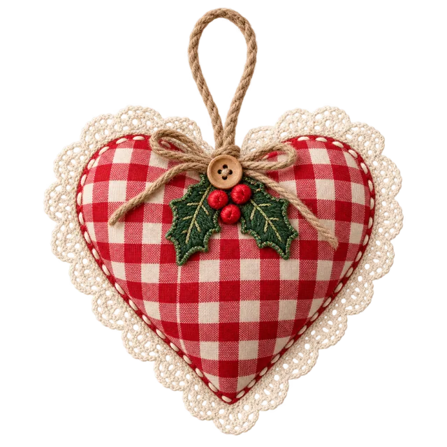 Red gingham heart ornament with cream edging, a twine bow and holly berries