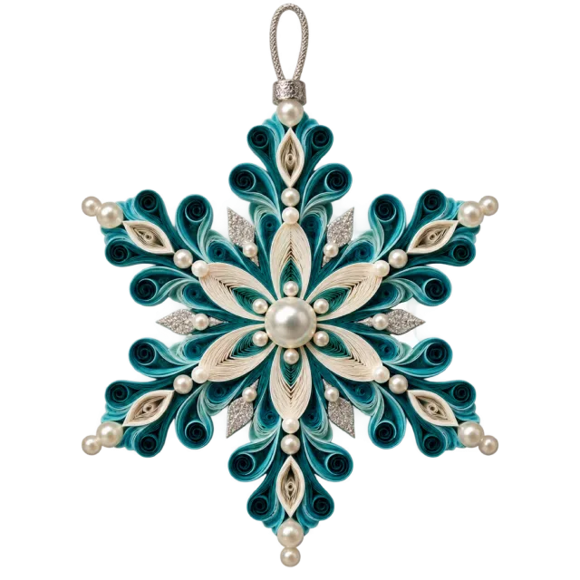 Teal and white snowflake medallion with curled shapes and pearl-like details