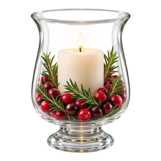 Lit ivory candle inside a clear footed glass surrounded by cranberries and greenery