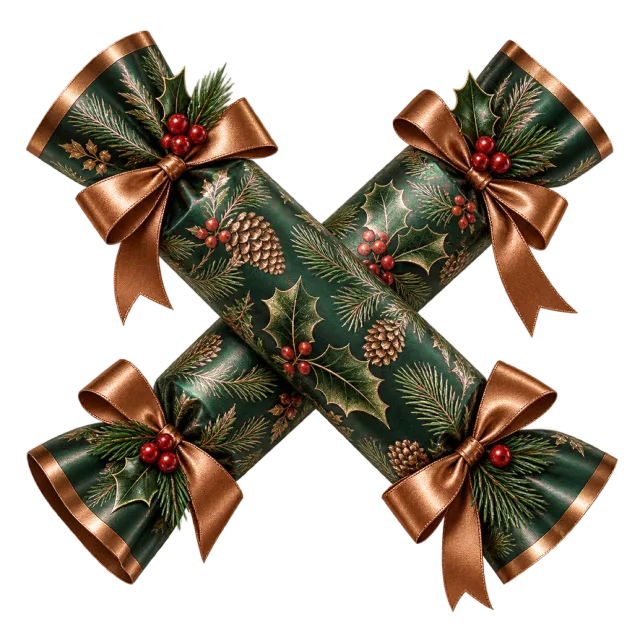 Two dark green Christmas crackers with holly patterns and bronze-colored ribbon bows