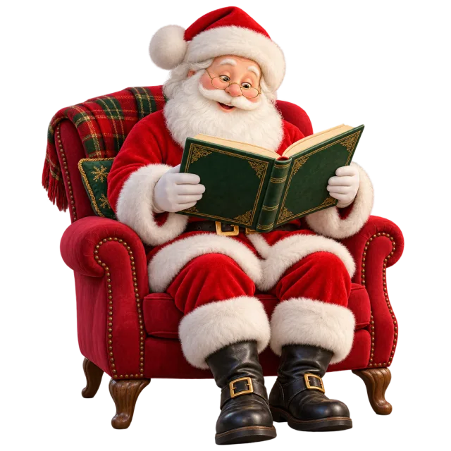 Santa sitting in a red armchair and reading an open green storybook