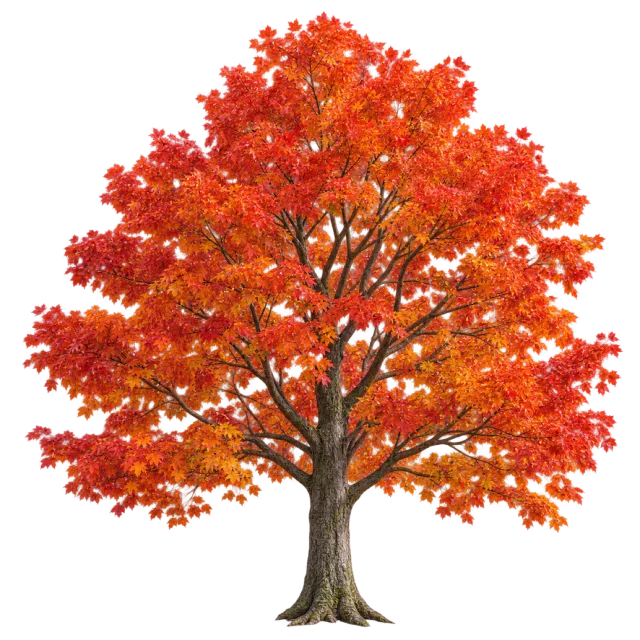 Maple tree with a full crown of red and orange autumn leaves on a transparent background