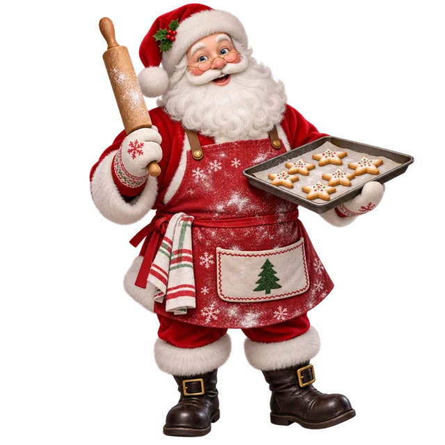 Santa wearing a patterned apron and holding a rolling pin and tray of star cookies