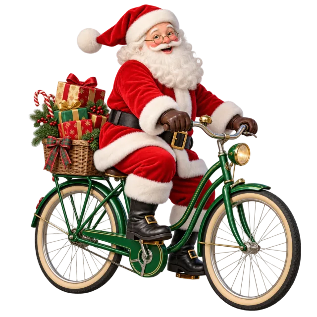 Santa riding a green bicycle with a basket of wrapped Christmas presents