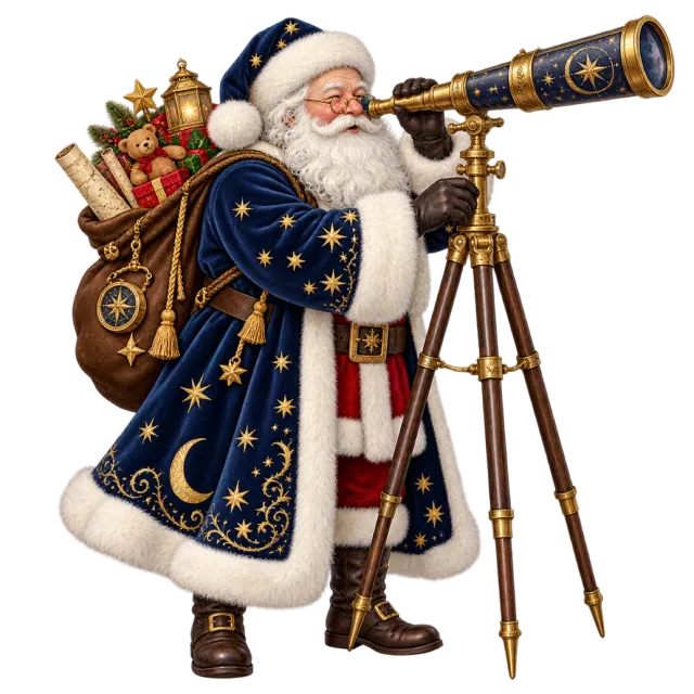 Santa in a navy star-patterned coat looking through a telescope on a tripod