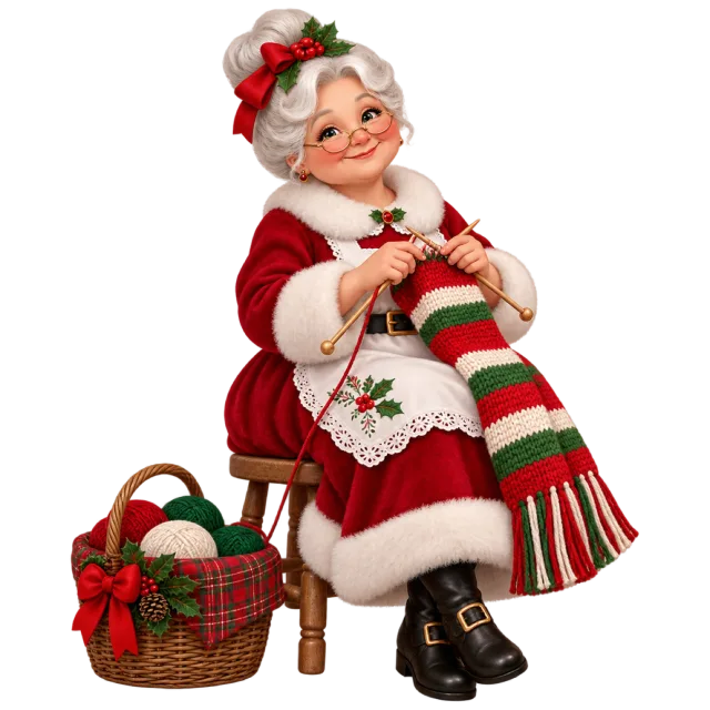 Mrs Claus seated with knitting needles and a long red, white and green scarf