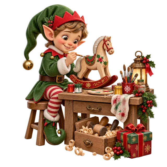Elf painting a small rocking horse at a workbench surrounded by toys and presents