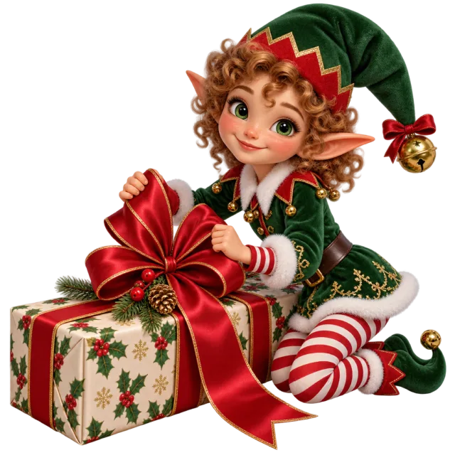 Curly-haired elf tying a large red bow around a holly-patterned present