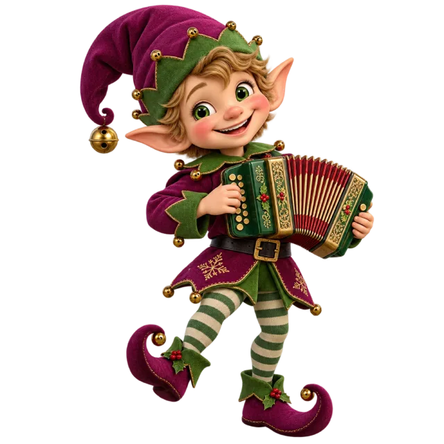 Smiling elf in green and purple playing a red and gold accordion