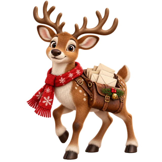 Reindeer wearing a red scarf and carrying a brown satchel filled with letters