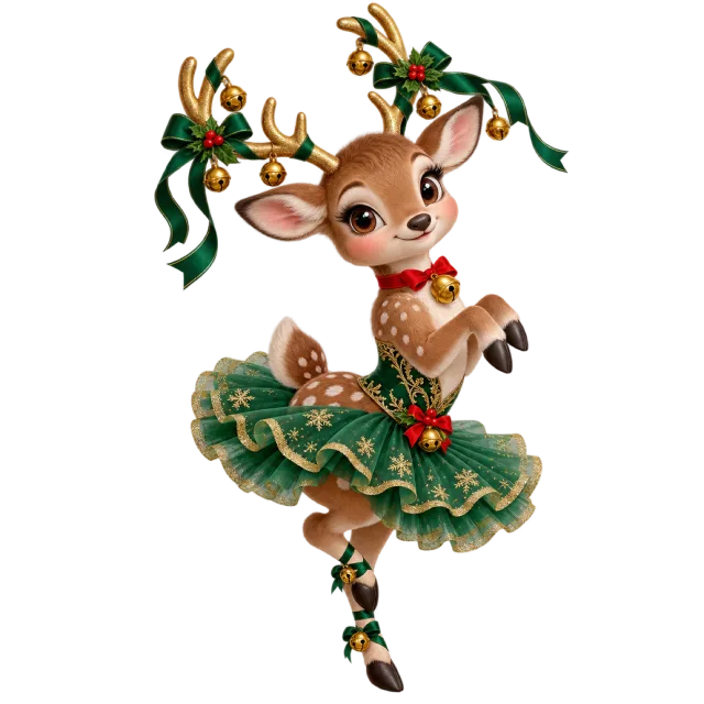 Reindeer ballerina in a green tutu with ribbons and ornaments on its antlers