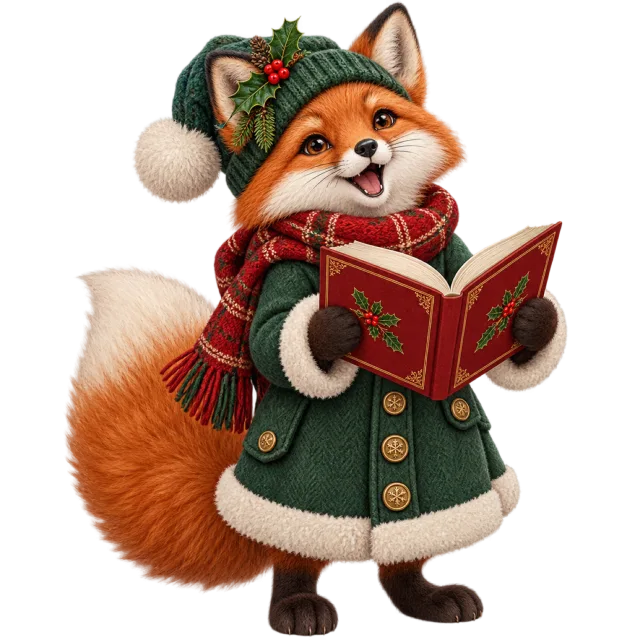 Fox wearing winter clothes and holding an open red songbook