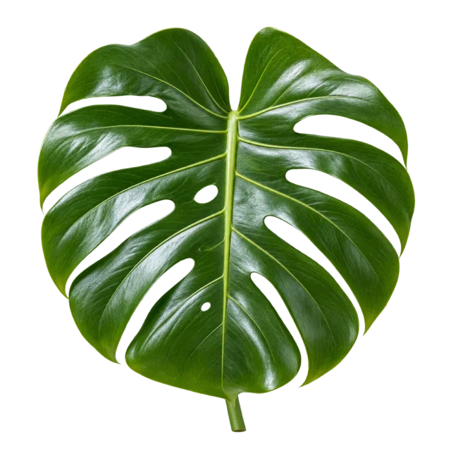 Glossy green monstera leaf with deep splits and oval openings on a transparent background