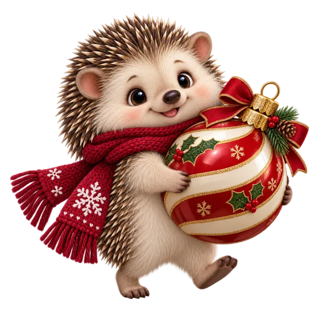 Hedgehog wearing a red scarf and holding a large red and gold Christmas bauble