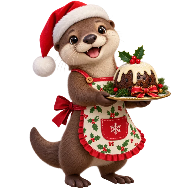 Otter in a Santa hat and festive apron holding a decorated Christmas pudding