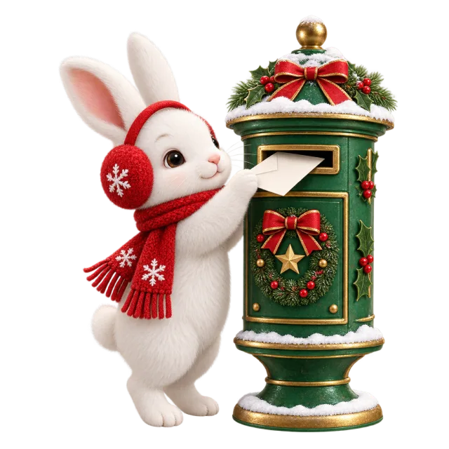 White rabbit in red earmuffs posting a letter into a green Christmas mailbox