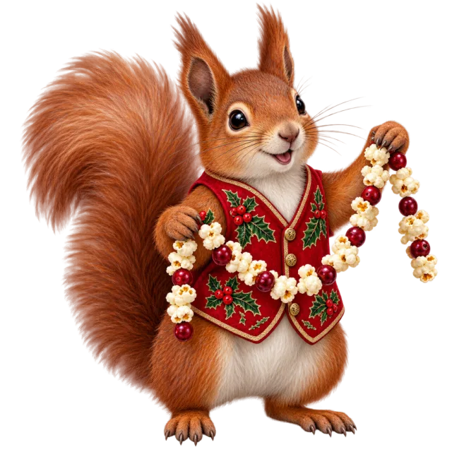 Squirrel in a red patterned vest holding a popcorn and berry garland
