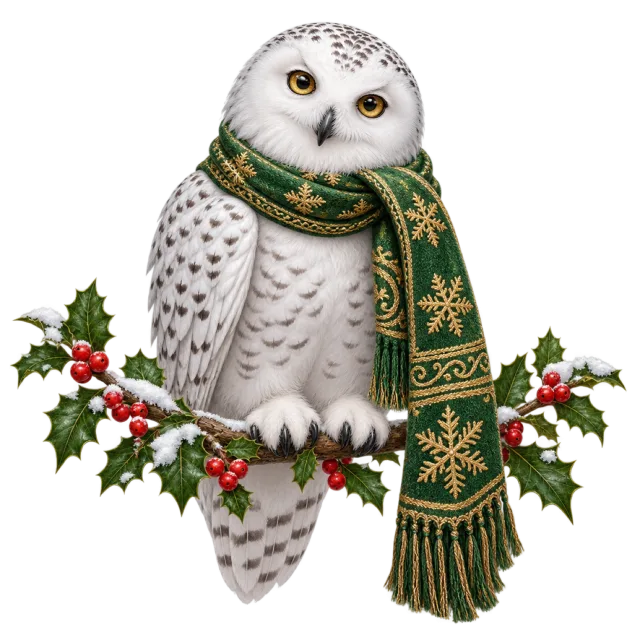White owl wearing a green and gold scarf while perched on a holly branch