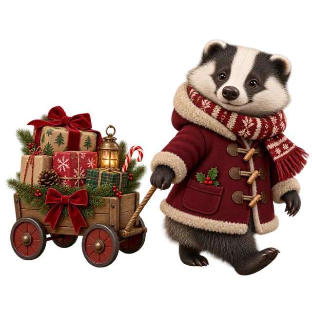 Badger wearing a winter coat and pulling a small wagon filled with presents