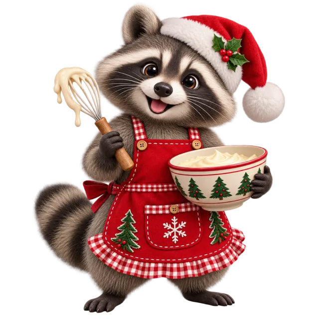 Raccoon in a Santa hat and red apron holding a mixing bowl and whisk