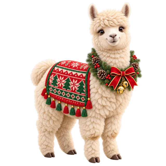 Cream alpaca wearing a red and green festive blanket with tassels and a neck bow