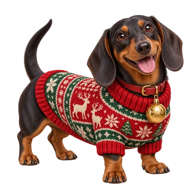 Dachshund wearing a red and green patterned Christmas sweater with a gold-colored bell