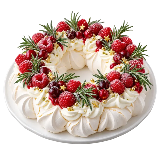 Ring-shaped pavlova topped with berries, cream and green sprigs on a white plate