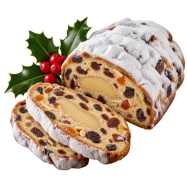 Sliced fruit-filled stollen loaf dusted with white sugar beside holly berries