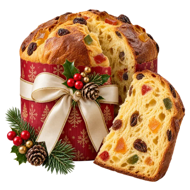Tall panettone with a cut slice and a cream ribbon decorated with holly