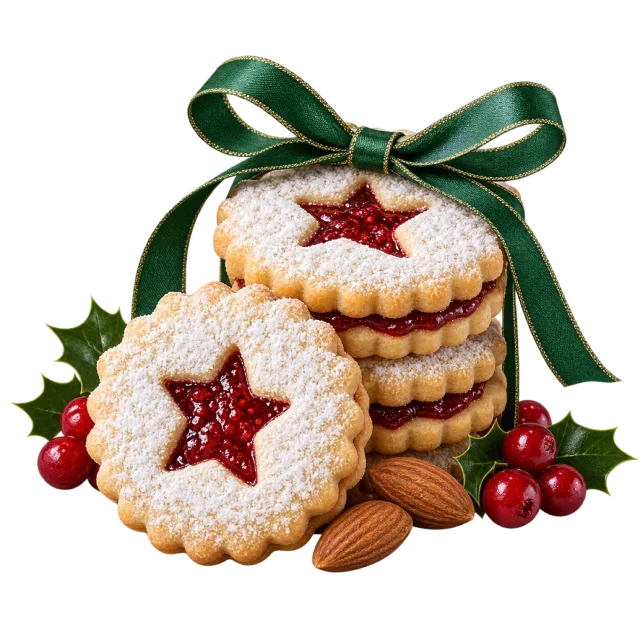 Stacked powdered sandwich cookies with red star-shaped centers and a green bow