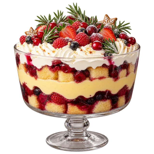 Layered fruit trifle in a clear pedestal bowl topped with cream and berries