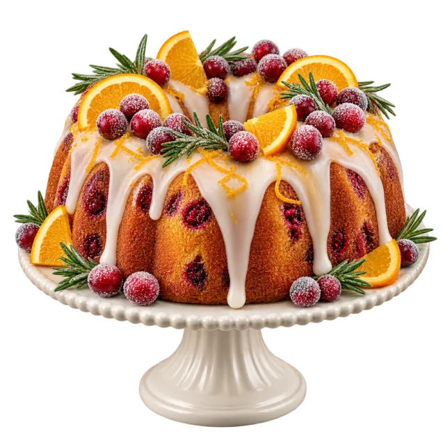 Iced ring cake decorated with orange slices, cranberries and green sprigs