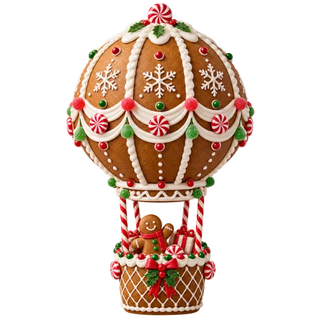 Gingerbread-style hot air balloon with icing snowflakes and a small decorated basket