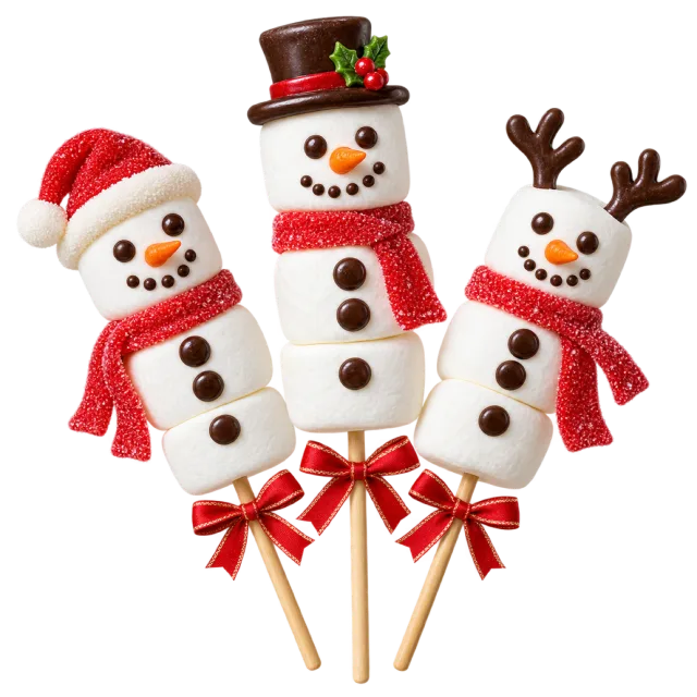 Three marshmallow snowman treats on sticks with festive hats, scarves and bows