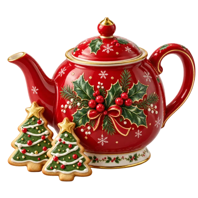 Red floral Christmas teapot beside two iced Christmas tree cookies