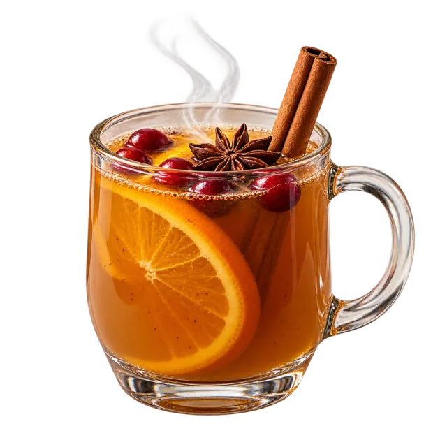 Steaming amber drink in a clear mug with orange slices, berries and cinnamon sticks